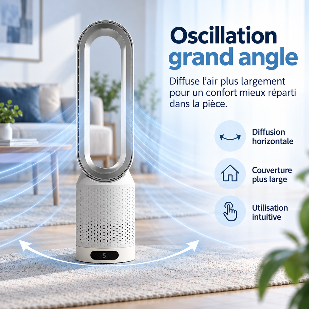 Ventilateur colonne design moderne, technologie sans pales. Flux d'air frais silencieux pour un confort optimal.
