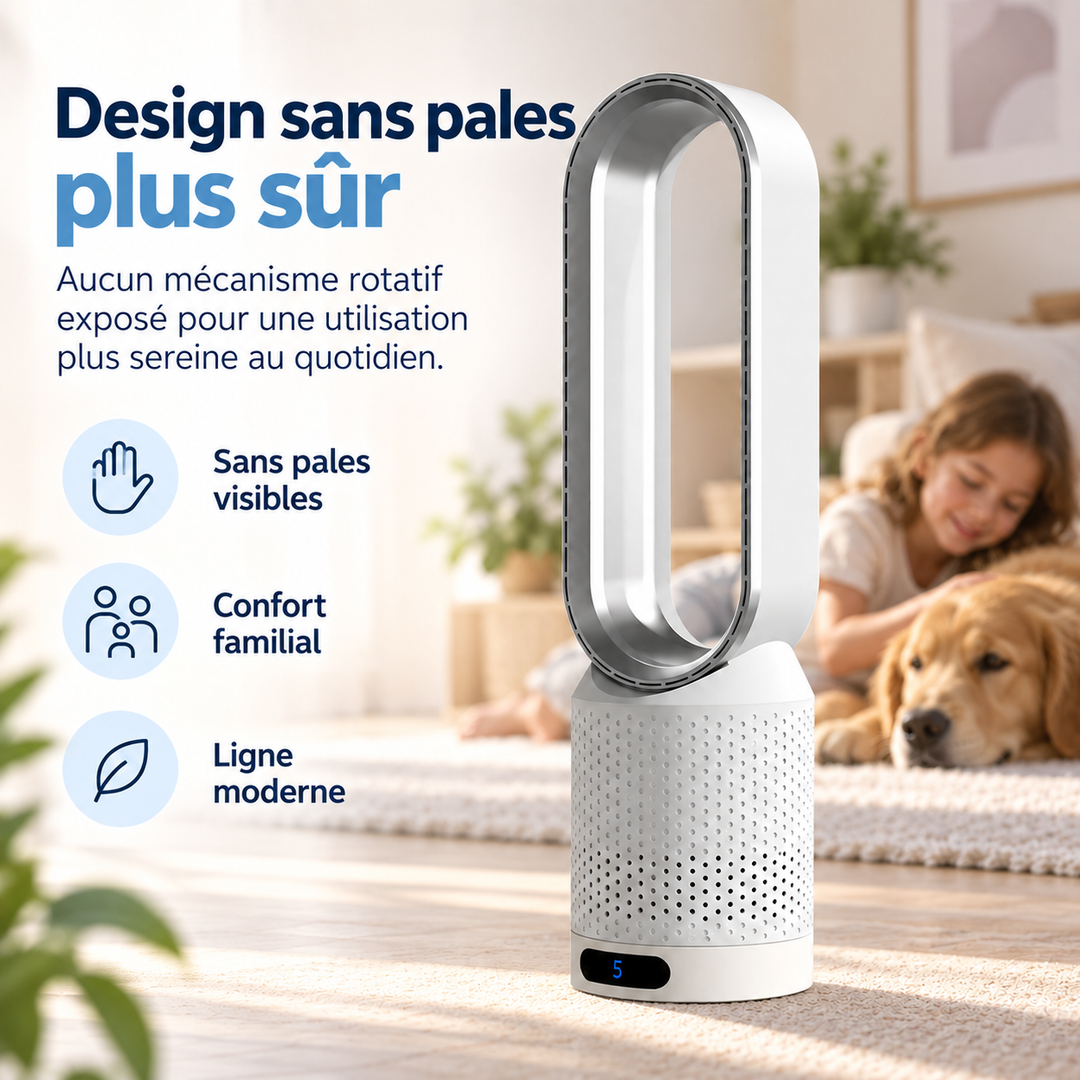 Ventilateur tour puissant sans pales, circulation d'air optimale. Appareil de ventilation efficace et moderne.