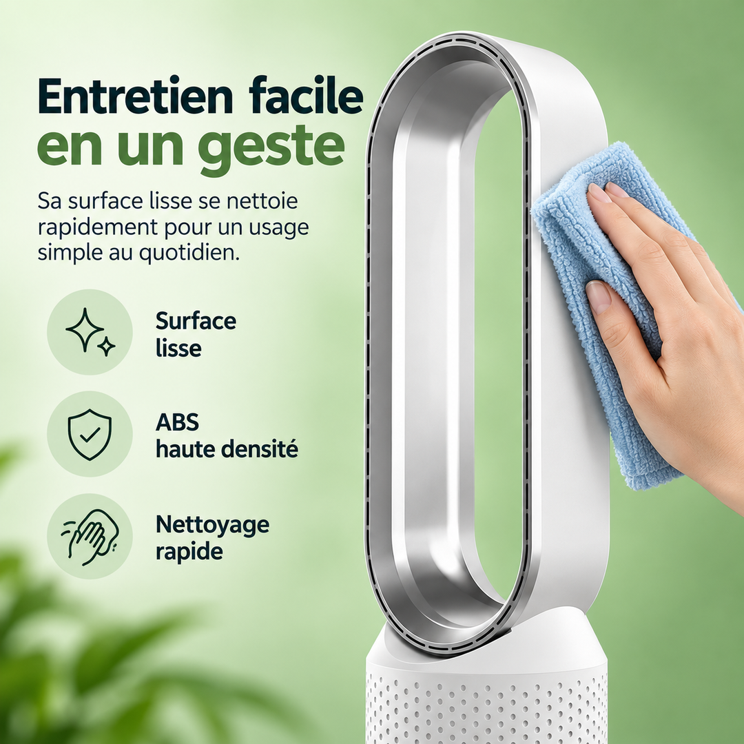 Ventilateur sans pales pour toutes pièces : salon, chambre, bureau. Design contemporain, apporte fraîcheur.