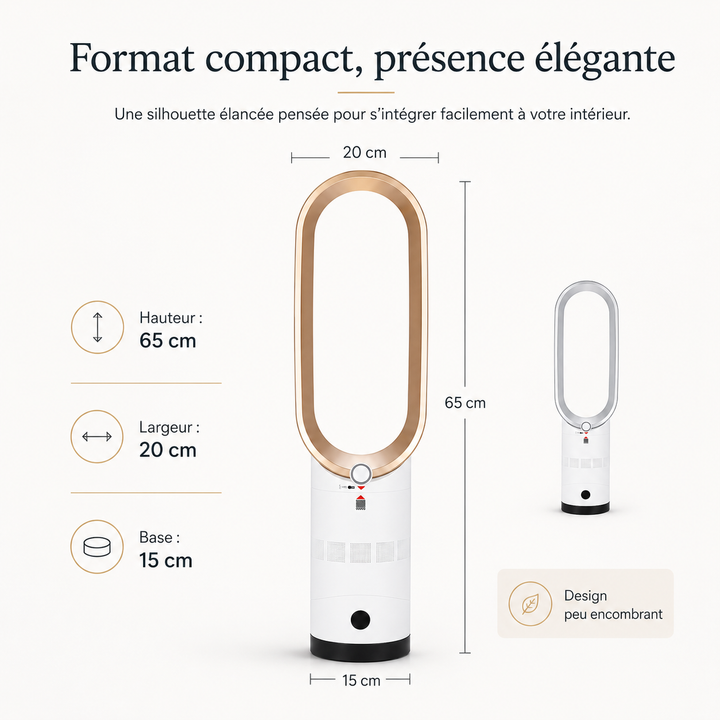 Ventilateur colonne LED design, sans pales, oscillation, chauffage et rafraîchissement pour un air pur.