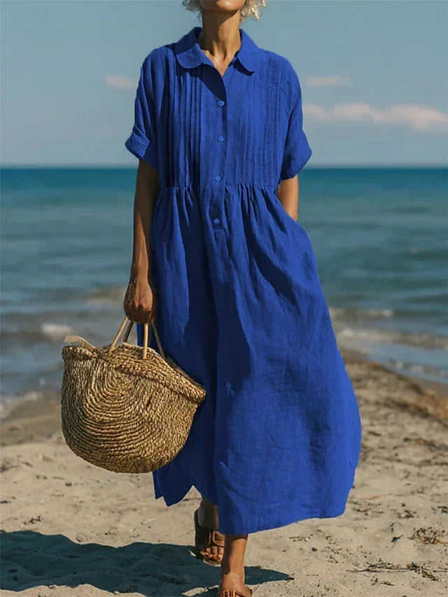 Robe fluide femme 100% coton, légère et respirante, parfaite pour l'été décontracté, style chemise.