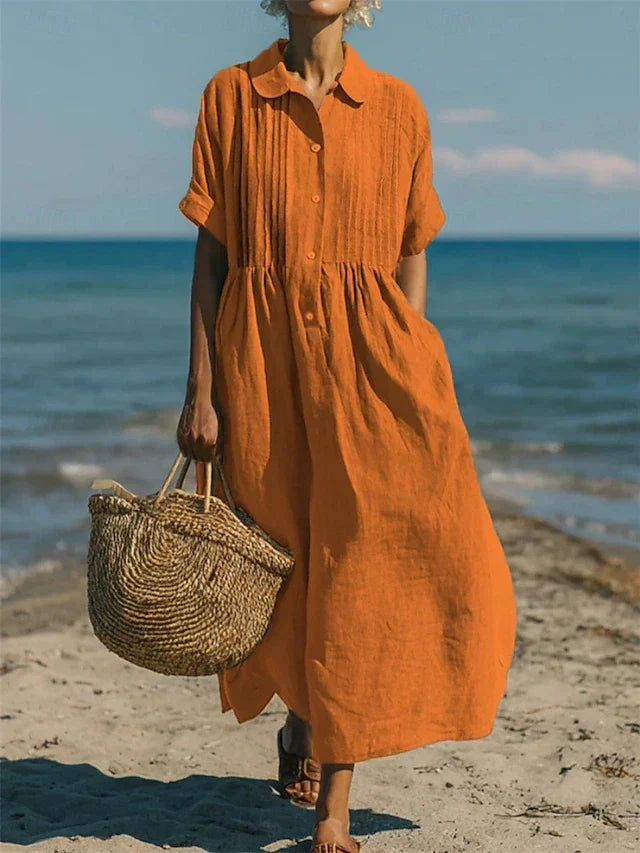 Robe midi fluide et chic pour femme en coton léger, style chemise décontractée, parfaite pour l'été.