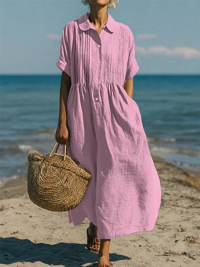 Robe chemise femme casual en coton fluide, boutonnée, pour un look décontracté chic printemps/été.
