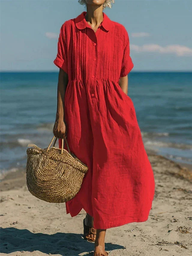 Robe décontractée femme en coton fluide, confortable et légère, style chemise d'été boutonnée, respirante.