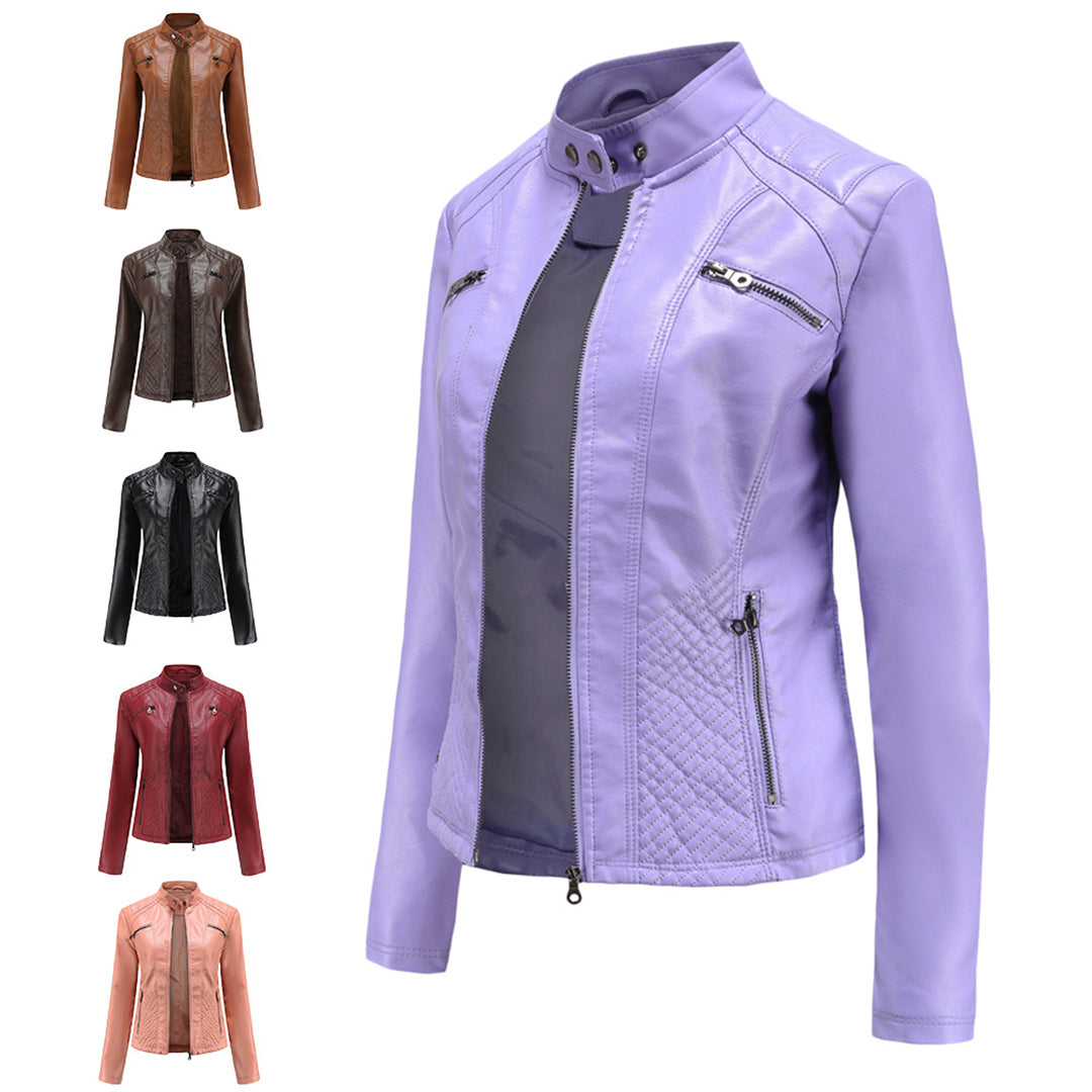 Veste femme toutes saisons, fermeture asymétrique. Blouson ajusté chic, disponible en noir, marron, rouge.