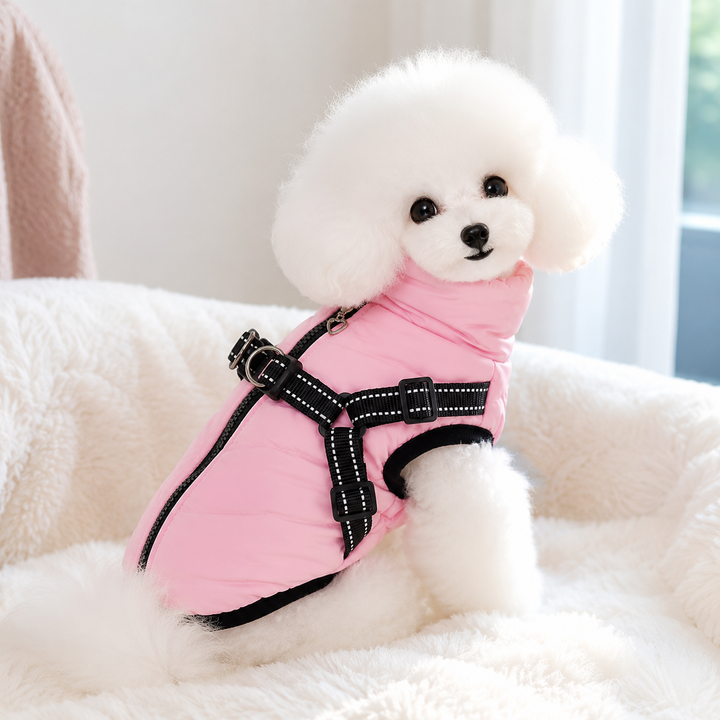Manteau chien avec harnais intégré, confortable et facile à enfiler pour l'hiver.