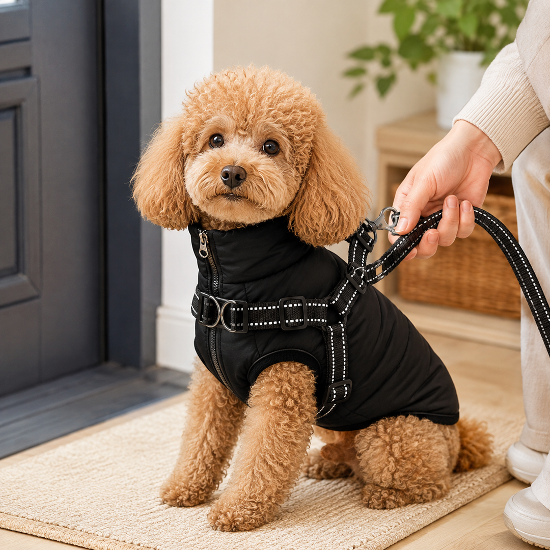 Protection chien contre froid et pluie, manteau imperméable avec harnais intégré.