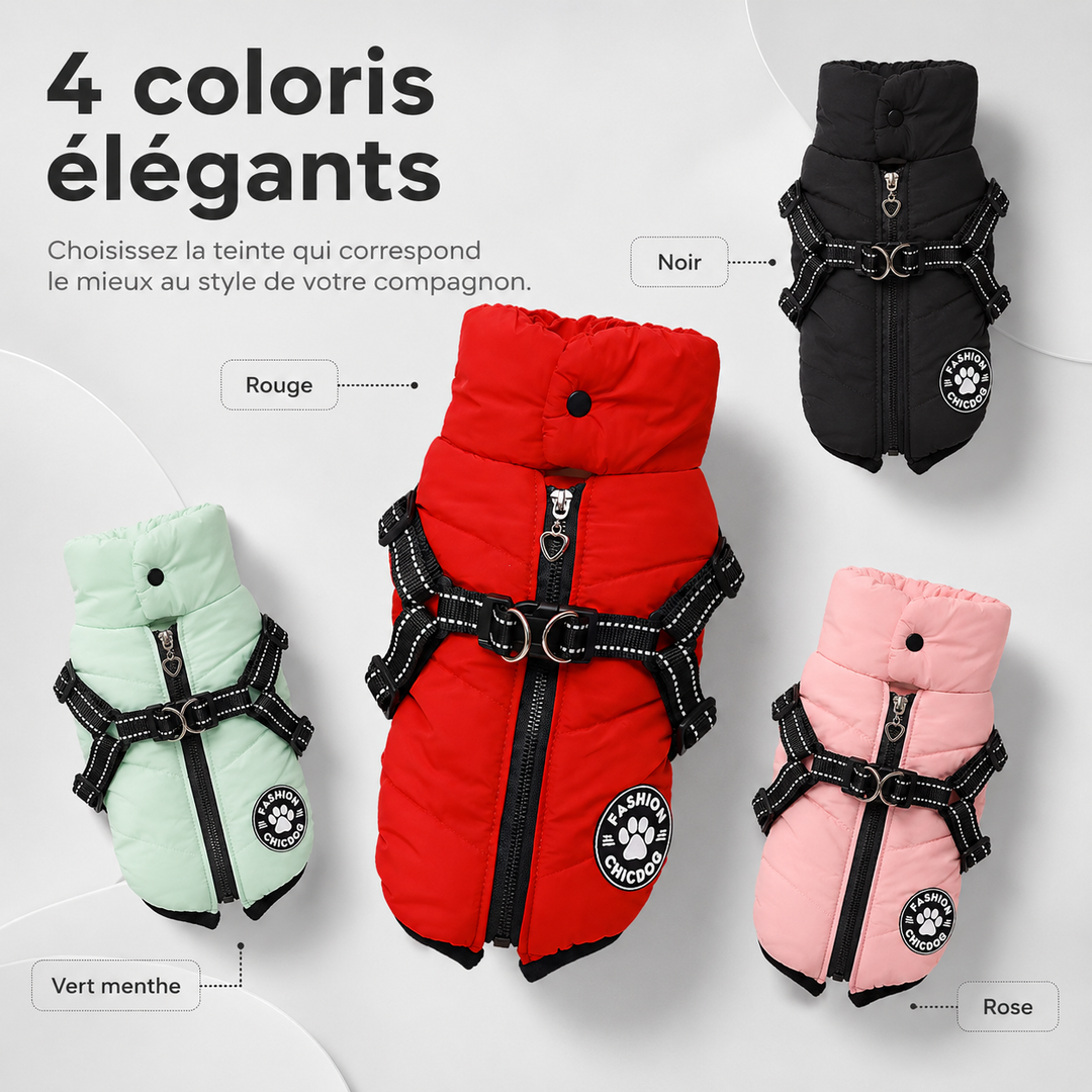 Manteau pour chien avec harnais intégré, idéal pour protection froid et pluie.