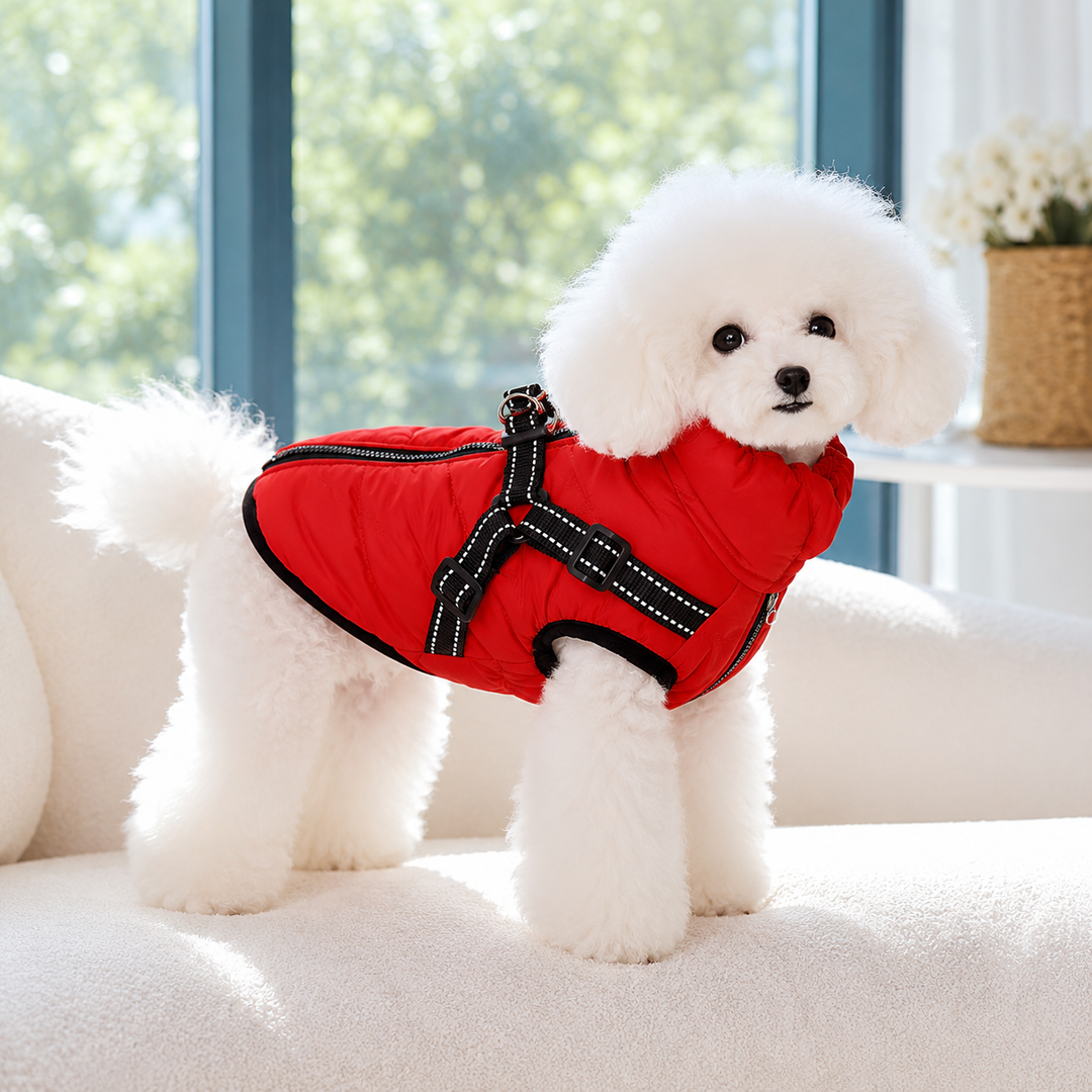 Veste chien multi-saisons avec harnais intégré, imperméable, pour animal bien protégé.