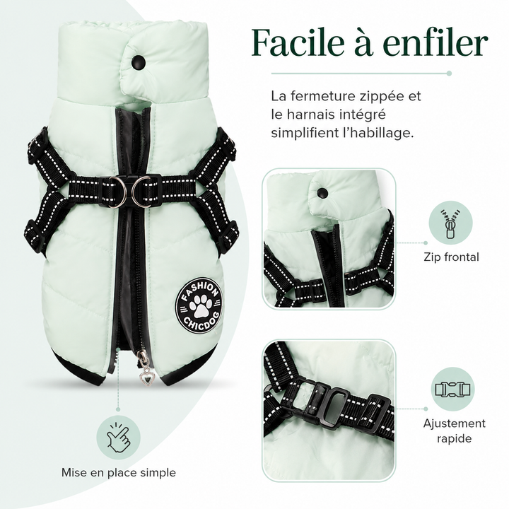 Veste chien anti-froid et pluie, harnais intégré, confortable pour l'hiver.