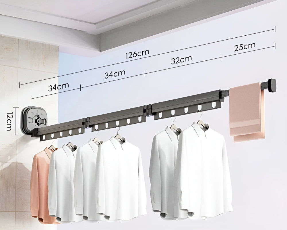 Étendoir à linge mural pliable AluFlex, polyvalent pour petits et grands articles de linge à sécher.