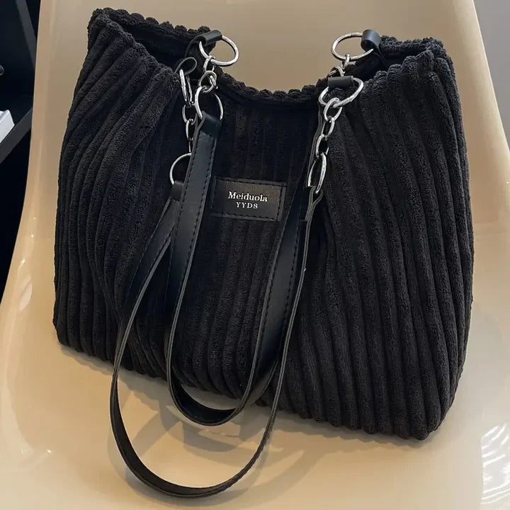 Grand sac fourre-tout femme en velours côtelé, idéal pour shopping et affaires personnelles.