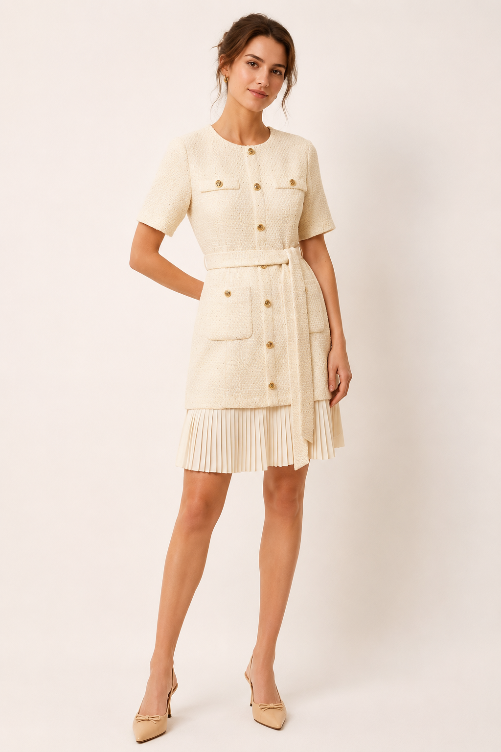 Robe chic ceinturée pour femme, coupe moderne, parfaite pour une tenue sophistiquée de printemps-été.