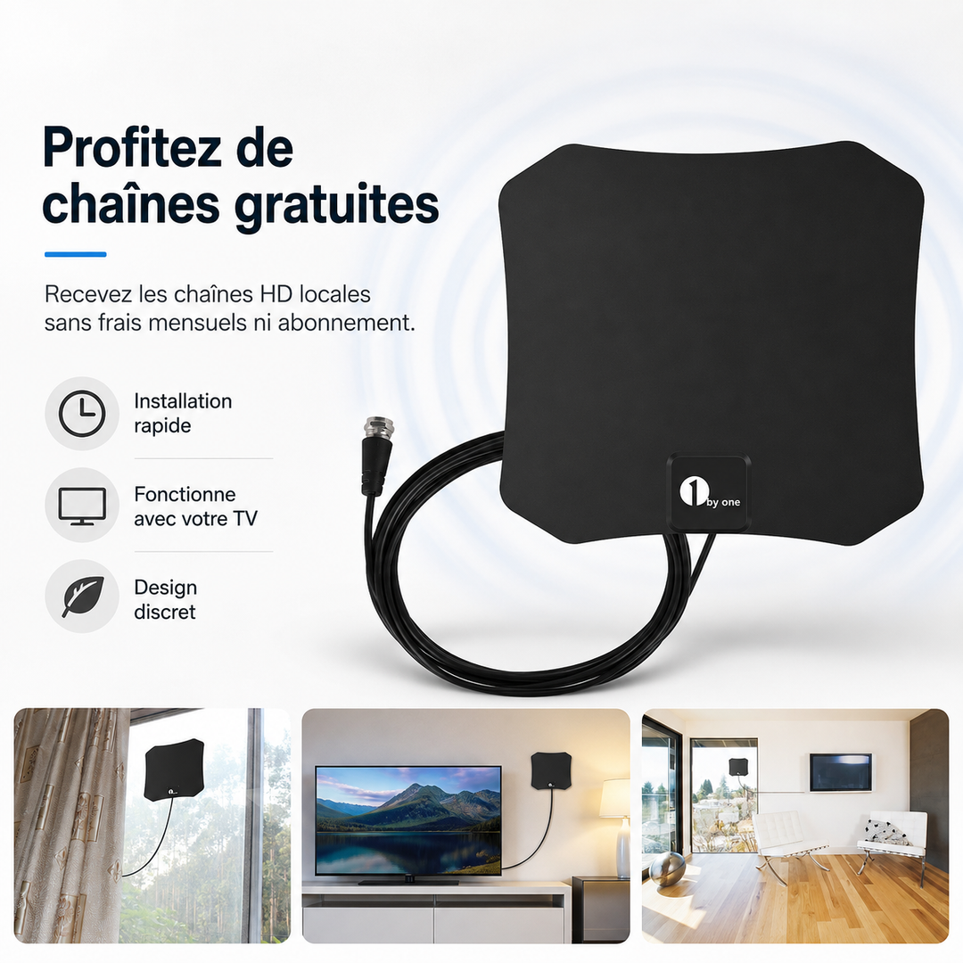 Antenne TV intérieure discrète, s'intègre partout pour un accès facile aux chaînes gratuites.