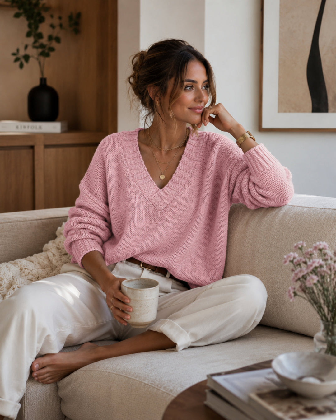 Pull à col V femme confortable, style intemporel, parfait pour la mode décontractée.