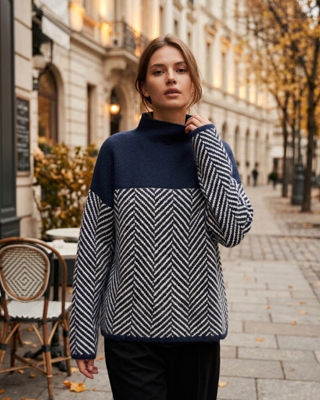 Pull col roulé femme chaud coupe ample, motif chevron élégant. Idéal mode hiver confortable et tendance.