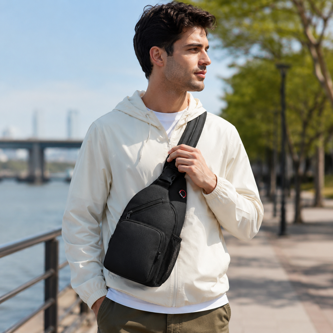 Sac bandoulière polyvalent, imperméable, compact pour accessoires, élégant et pratique.