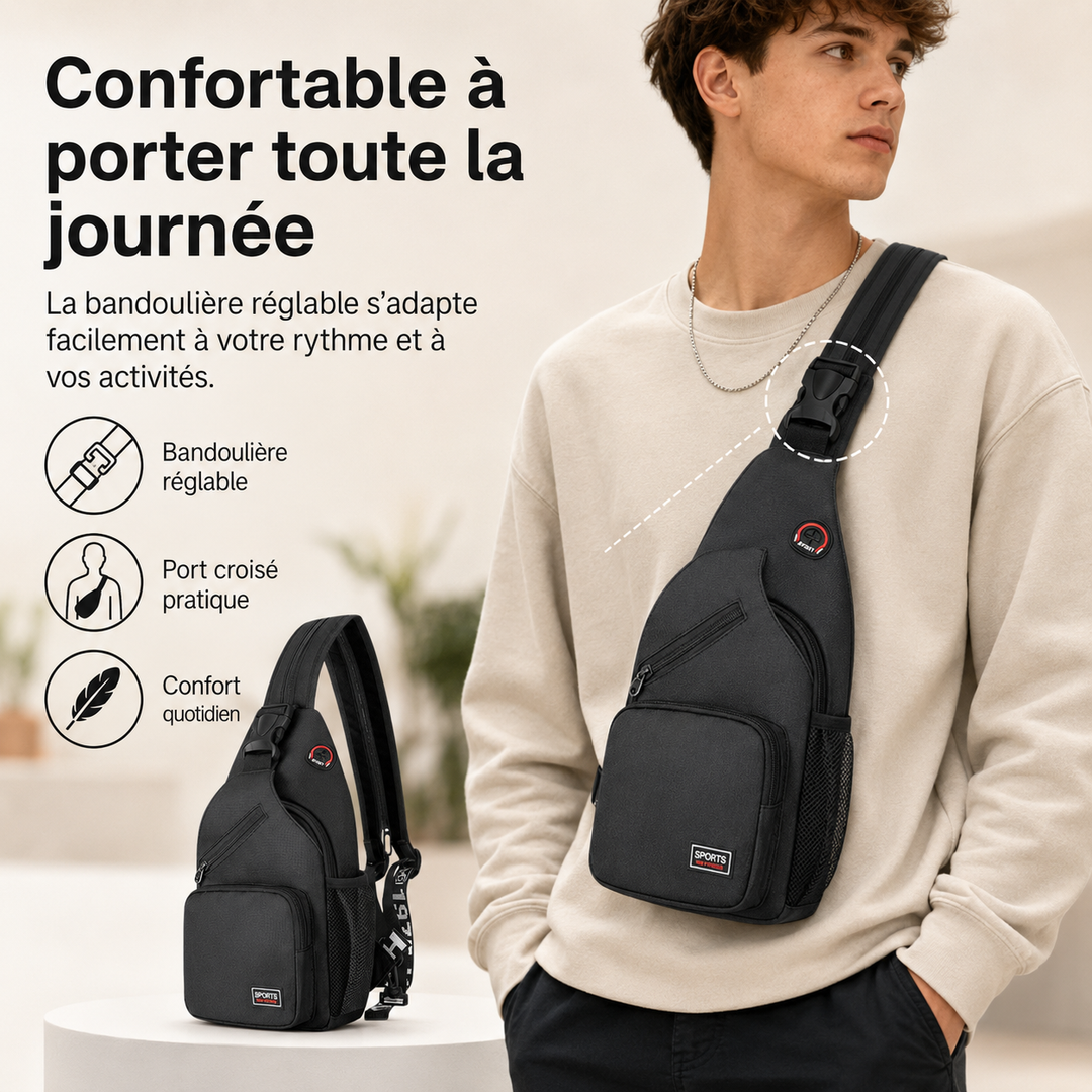 Sac compact et fonctionnel, bandoulière ajustable, résistant à l'eau, pour accessoires.