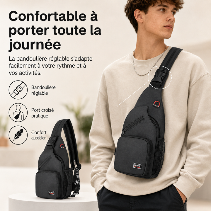 Sac compact et fonctionnel, bandoulière ajustable, résistant à l'eau, pour accessoires.