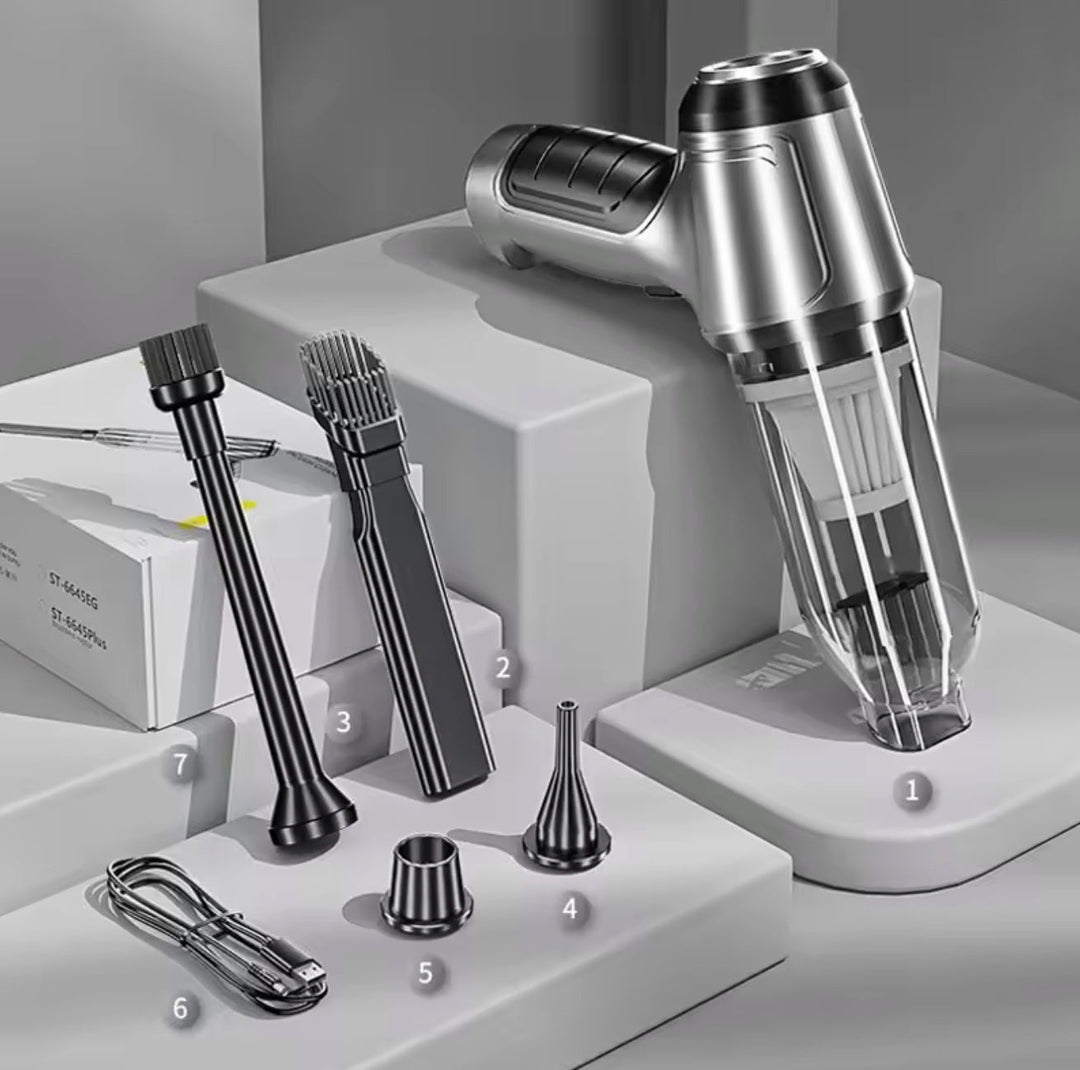 Aspirateur voiture portable AquaJet avec divers embouts pour un nettoyage auto détaillé et précis.