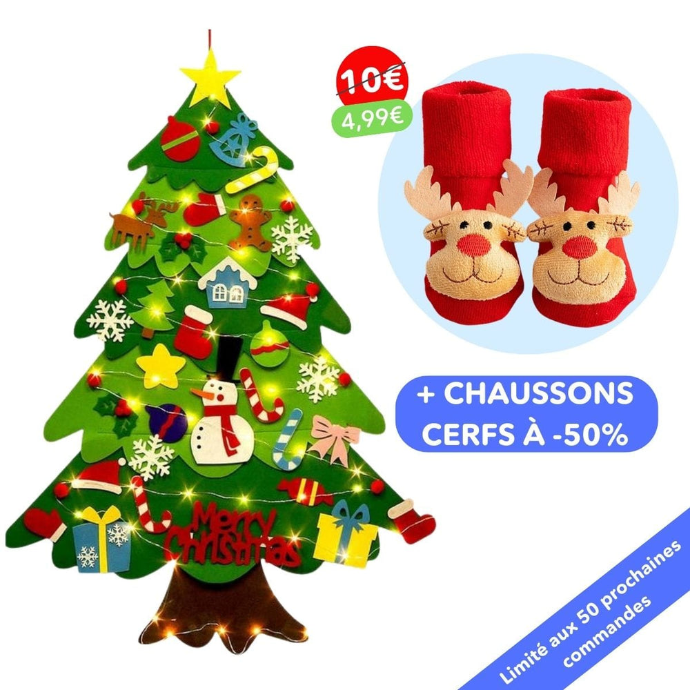 Sapin de Noël en feutre Montessori pour enfants. Décoration interactive lumineuse, stimulant éveil et créativité.