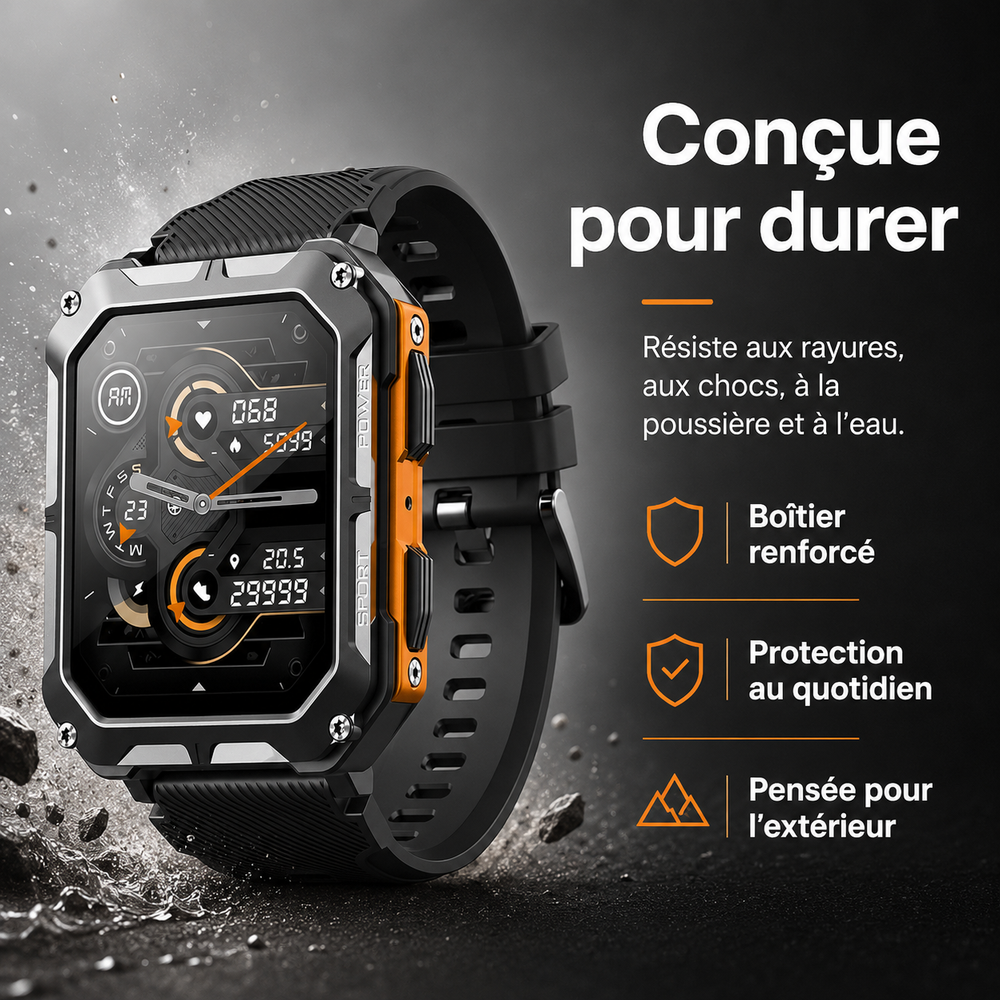 Smartwatch ArmorTime unisexe indestructible, parfaite pour l'extérieur. Technologie wearable robuste et fiable.