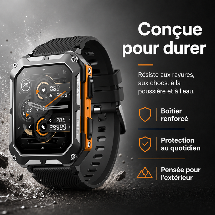 Smartwatch ArmorTime unisexe indestructible, parfaite pour l'extérieur. Technologie wearable robuste et fiable.