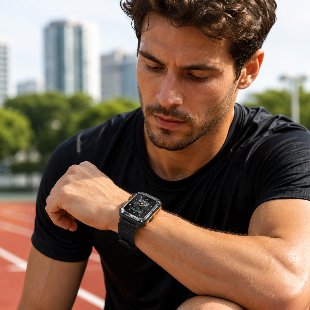 Design robuste et moderne de la montre connectée ArmorTime unisexe. Un wearable technologiquement avancé et durable.