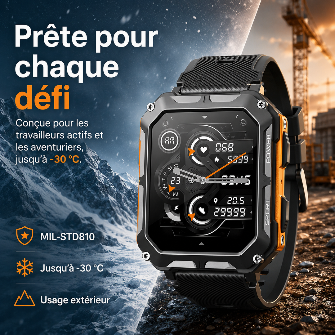Athlète avec montre connectée ArmorTime robuste en action. Suivi sportif précis, idéale pour l'entraînement intensif.