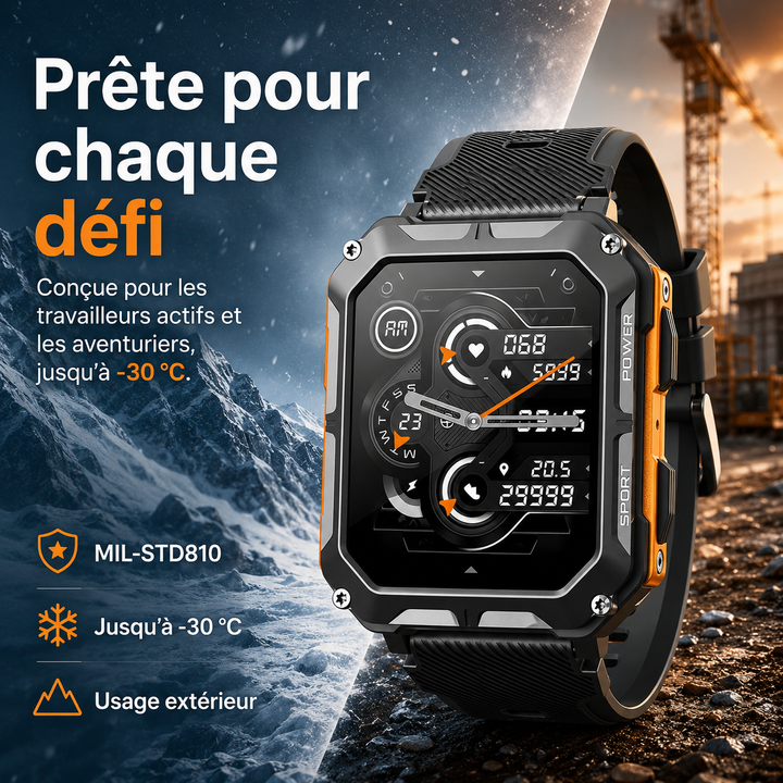 Athlète avec montre connectée ArmorTime robuste en action. Suivi sportif précis, idéale pour l'entraînement intensif.