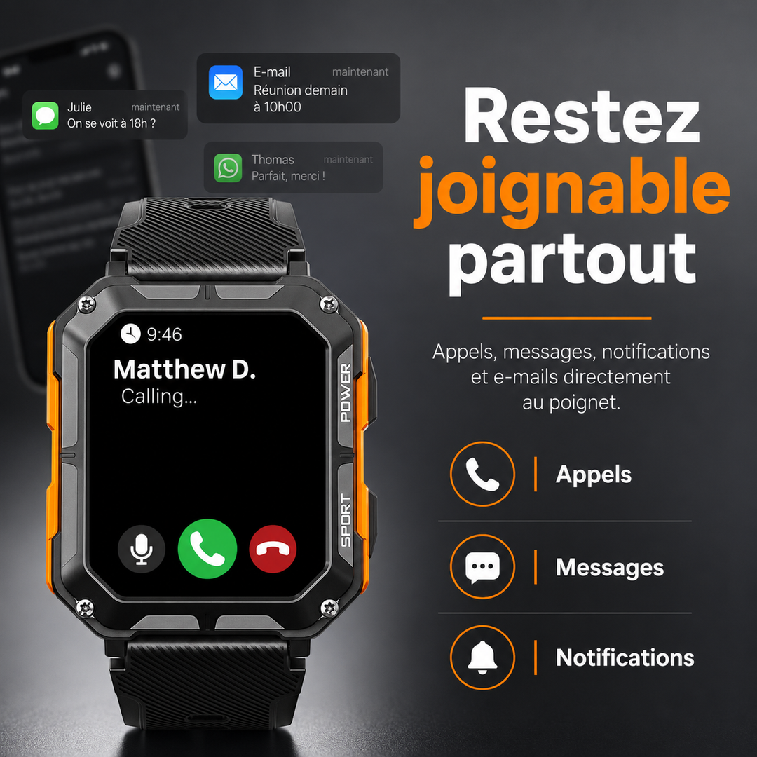 Montre connectée unisexe ArmorTime au poignet en extérieur. Prête pour l'aventure, résistante aux chocs et intempéries.
