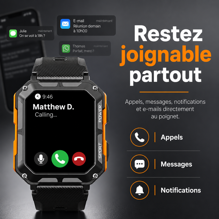 Montre connectée unisexe ArmorTime au poignet en extérieur. Prête pour l'aventure, résistante aux chocs et intempéries.