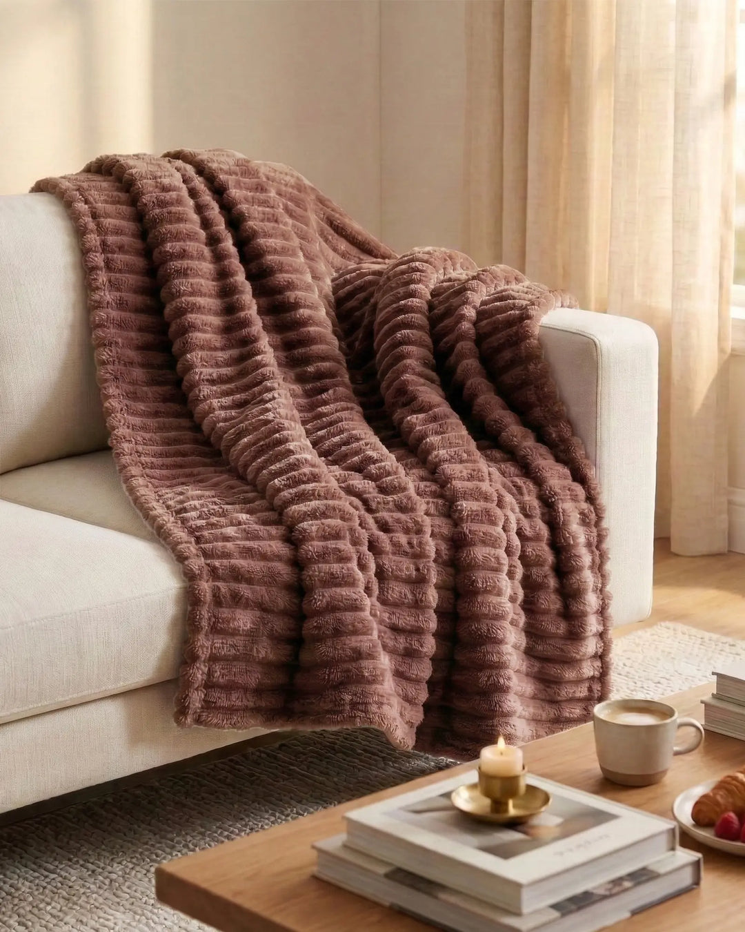 Plaid confortable et doux, pour une ambiance apaisante et chaleureuse.