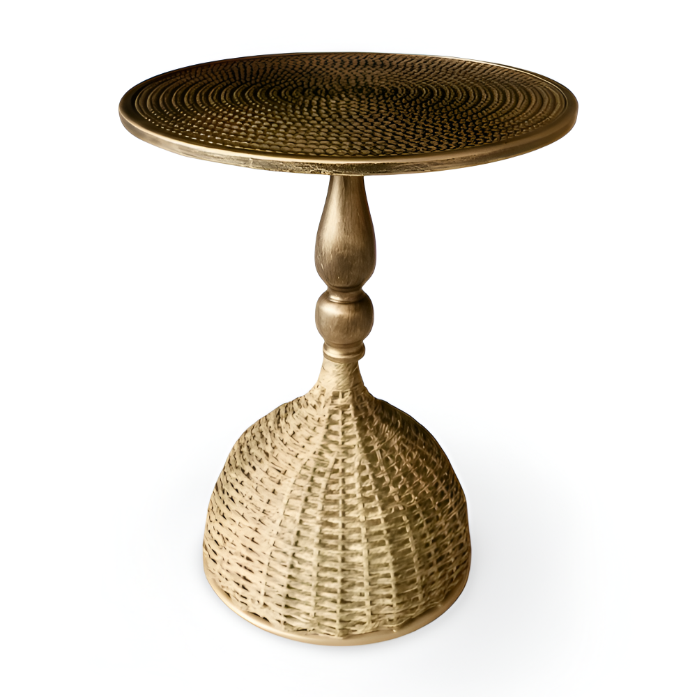 Table d'appoint vintage en fer tressé, design artisanal rond, idéale pour salon ou chambre.