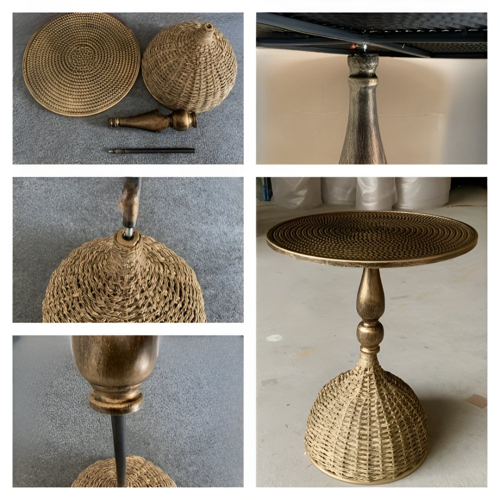 Table de chevet ou d'appoint ronde en fer tressé. Design vintage artisanal pour chambre ou salon moderne.