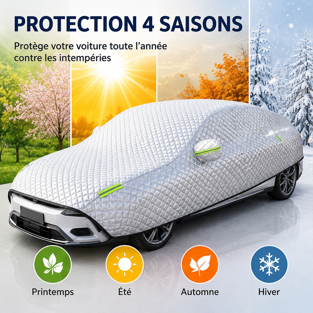 Housse voiture toutes saisons, protection durable contre neige, grêle et soleil. Idéale pour garage portable.