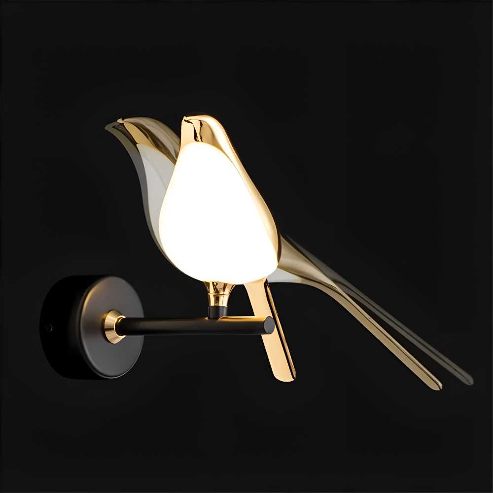 Lampe murale LED dorée, oiseau décoratif pivotant, éclairage moderne pour votre salon.