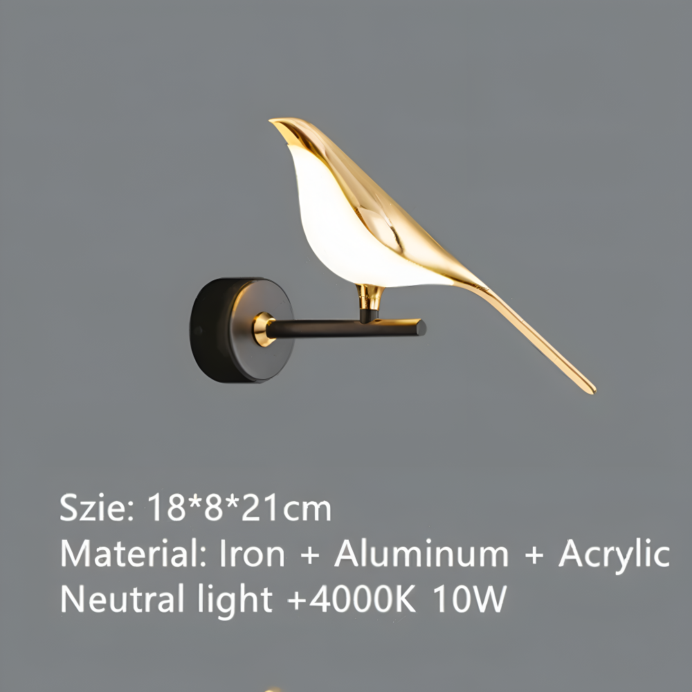 Applique design scandinave, LED, dorée, oiseau mobile, éclairage polyvalent et stylé.