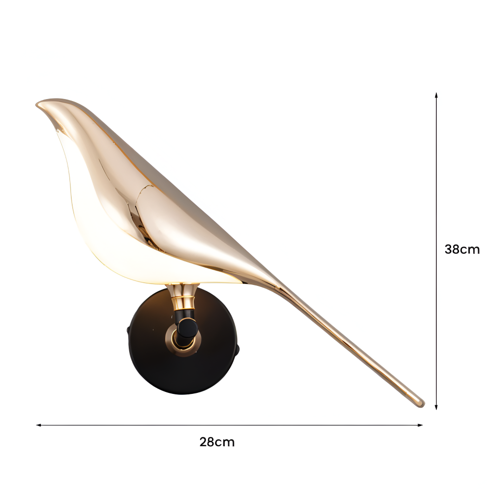 Lampe murale LED dorée, oiseau rotatif, idéale pour une décoration murale moderne.