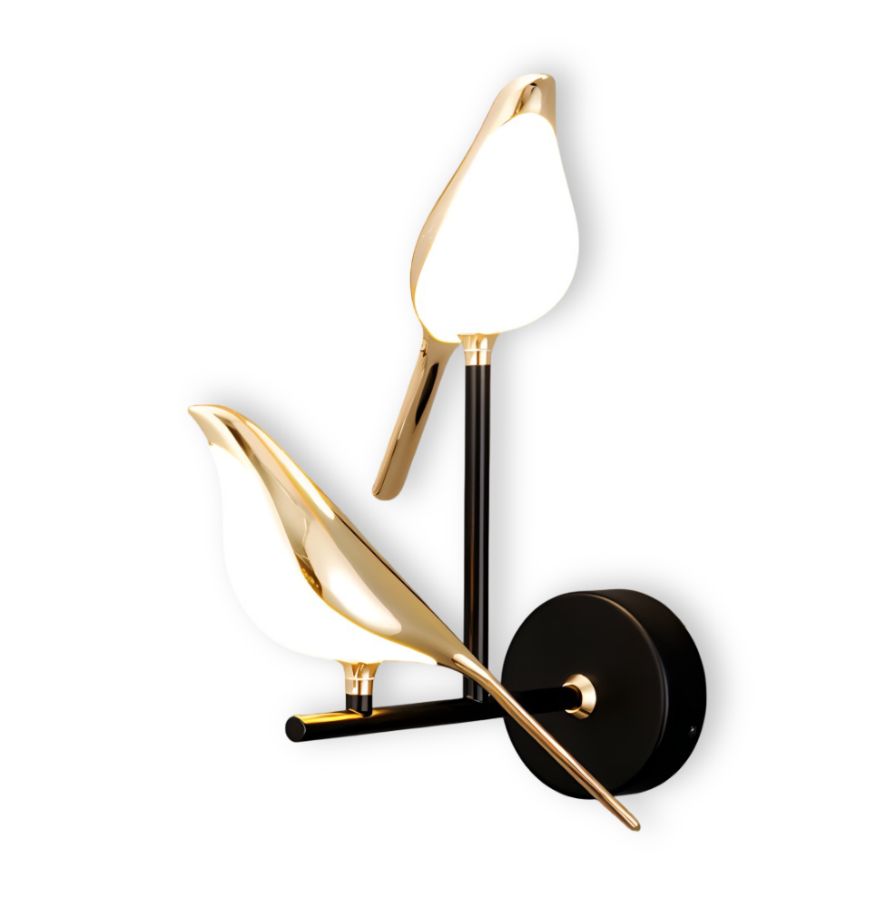 Luminaire LED doré, design minimaliste avec oiseau rotatif, éclairage moderne intérieur.