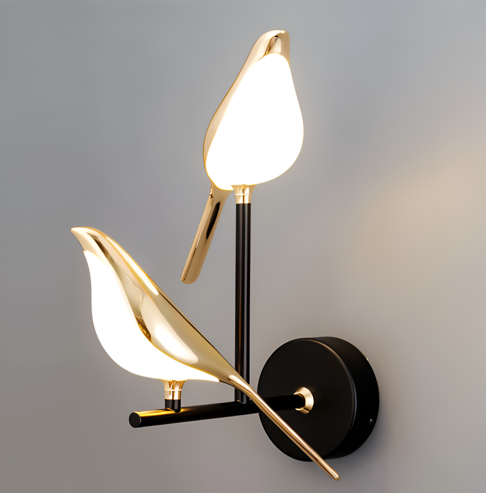 Luminaire mural LED, lumière dorée douce, oiseau artistique pour chambre ou salon moderne.