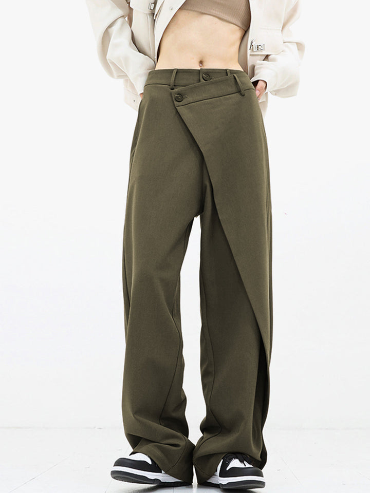Pantalon femme large, asymétrique, double boutonnage, tendance, confortable et mode.