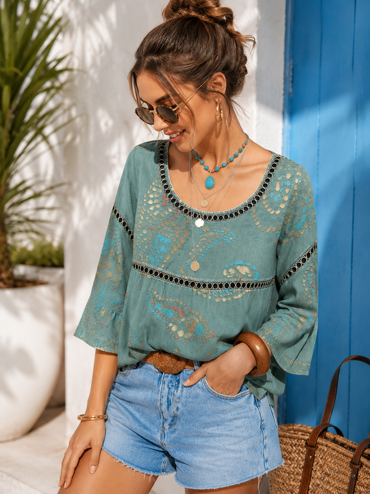 Blouse Lucie vintage femme, motif artistique élégant bohème. Chemisier décontracté à manches longues pour printemps/été.