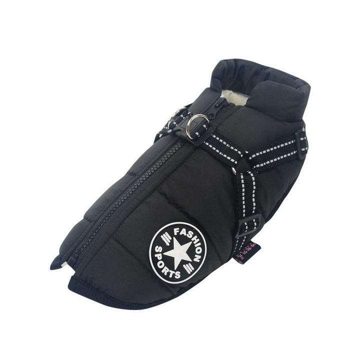 Veste d'hiver imperméable et chaude pour chien, harnais intégré, sécurité et confort. Protection animale.