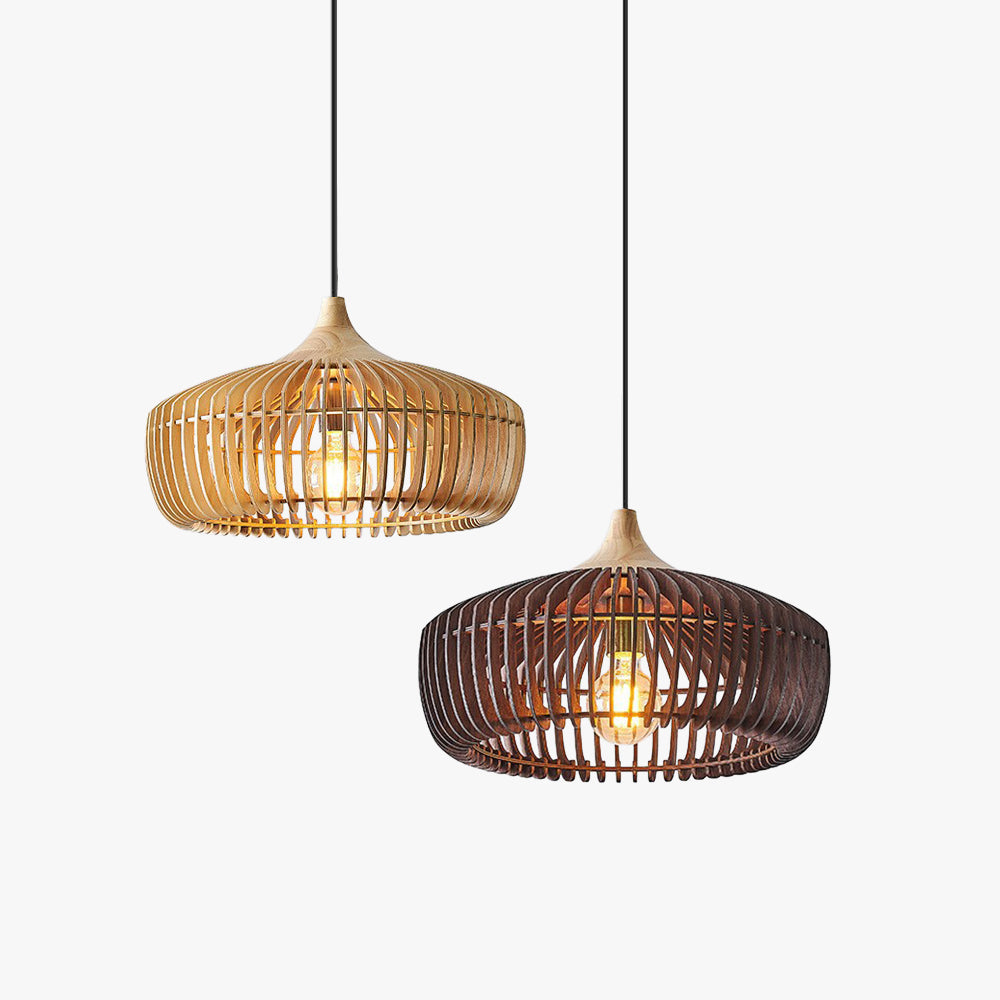 Éclairage suspendu en bois pour intérieur zen. Lampe japonaise design minimaliste, parfaite pour un salon ou chambre.