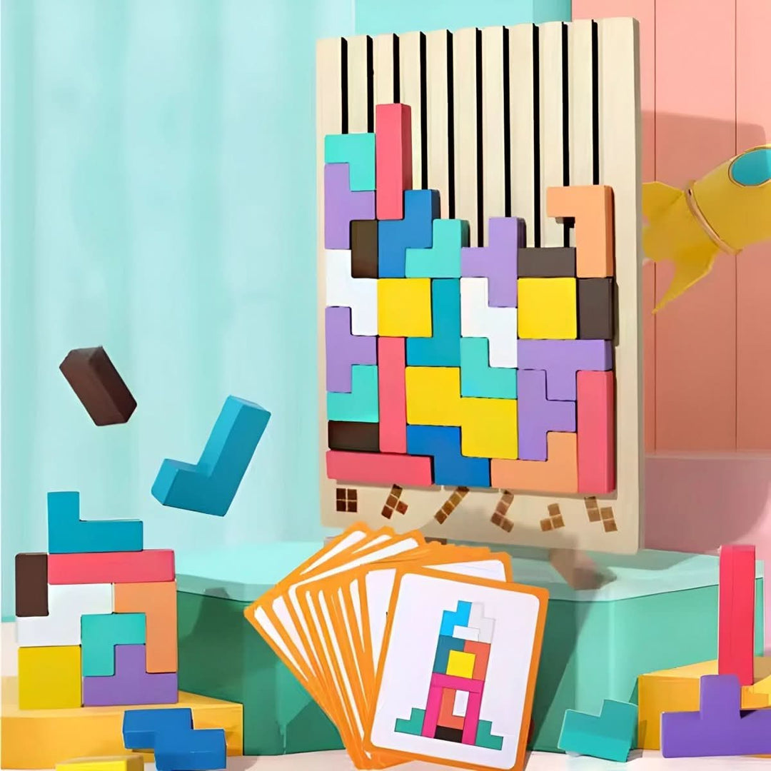 Jeu éducatif Montessori Tetris en bois pour enfants, développe formes, couleurs et motricité fine.
