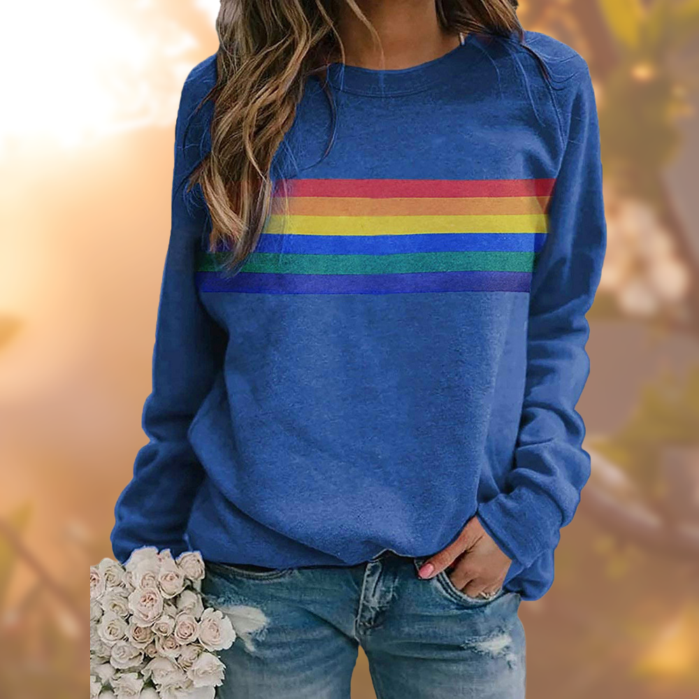 Vêtement femme unique: sweatshirt coloré arc-en-ciel à col rond. Style décontracté et lumineux.