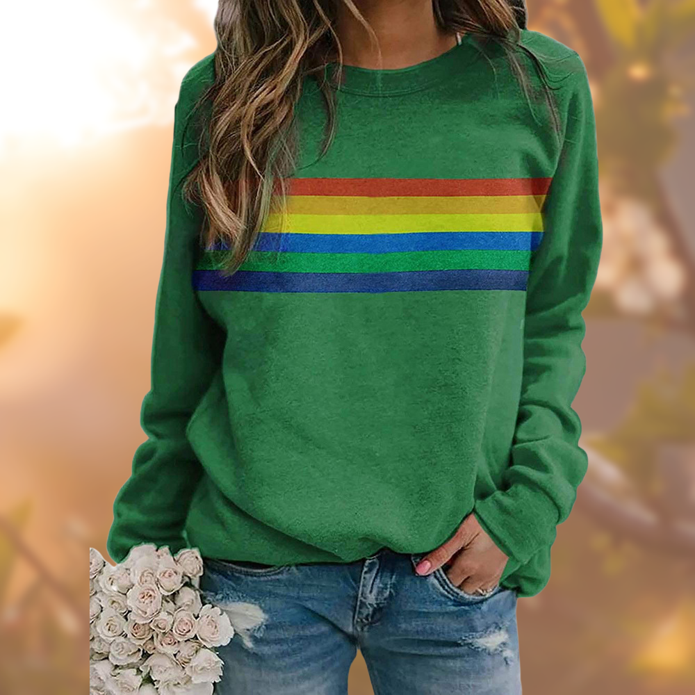 Sweatshirt femme hiver, col rond, design arc-en-ciel. Pull confortable pour un look mode décontracté.