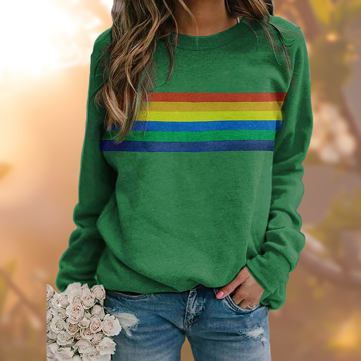 Sweatshirt femme hiver, col rond, design arc-en-ciel. Pull confortable pour un look mode décontracté.