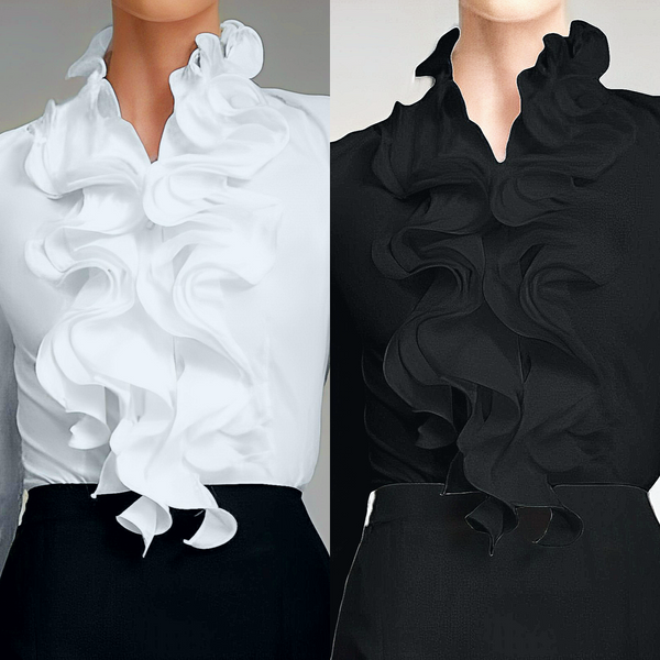 Chemisier femme mode printemps-automne, col volanté délicat, manches longues pour une allure chic et féminine.